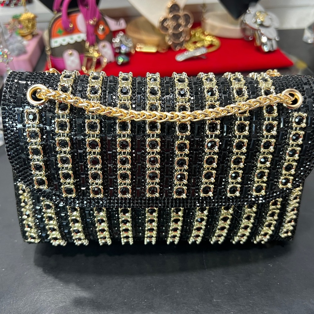 Elegant Black and Gold rhinestones evening Chain Bag